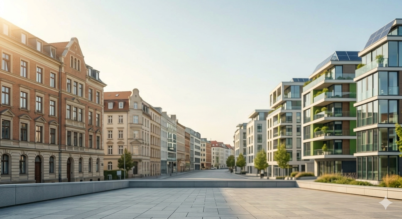 Ein moderner Immobilien Ratgeber zeigt eine Stadtstraße mit klassischen Altbauten auf der linken Seite und neu gebauten, energieeffizienten Wohnanlagen mit Solarzellen auf der rechten Seite.