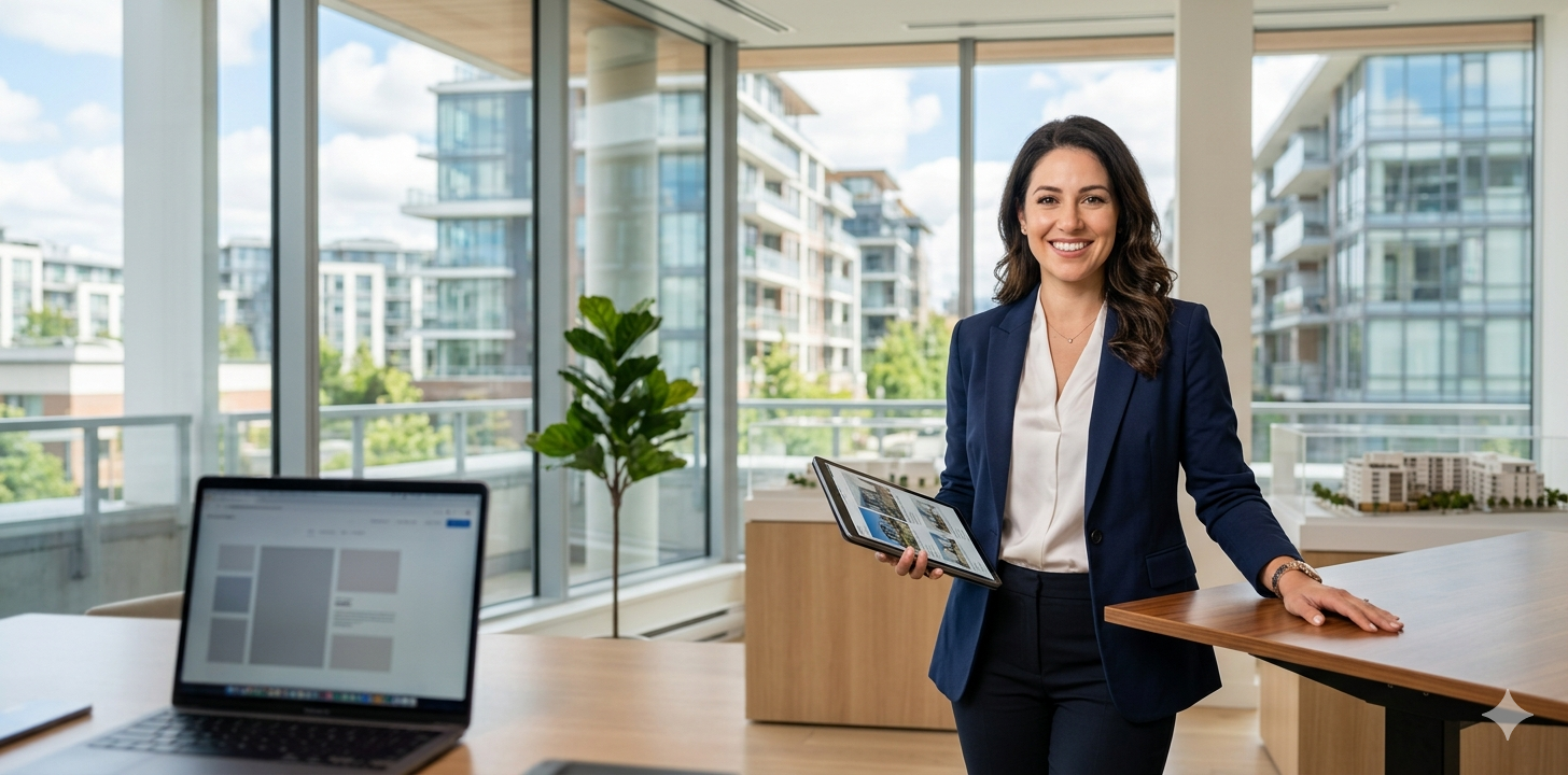 Professionelle Immobilienexpertin präsentiert moderne Wohnanlagen für einen Immobilienkauf ohne Provision.