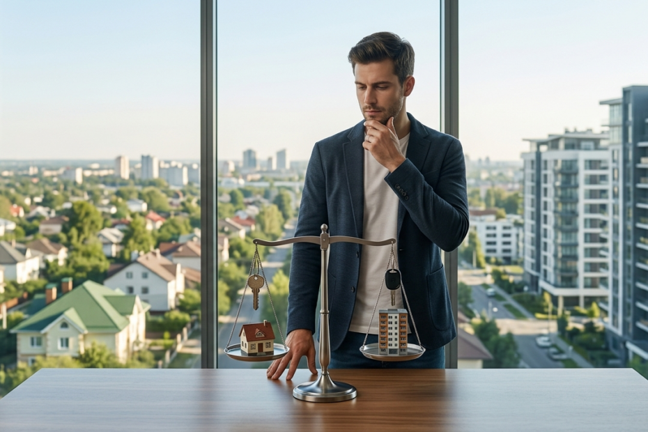 Ein nachdenklicher junger Mann in einem modernen Büro betrachtet eine perfekt ausbalancierte Balkenwaage. Er Überlegt, ob er eine Immobilie kaufen oder mieten soll. Auf der linken Waagschale steht ein Miniatur-Einfamilienhaus, auf der rechten ein Miniatur-Apartmentblock.
