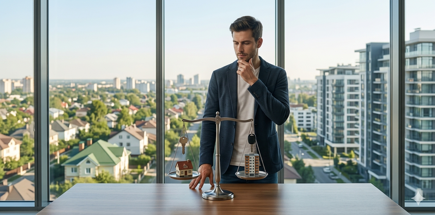 Ein nachdenklicher junger Mann in einem modernen Büro betrachtet eine perfekt ausbalancierte Balkenwaage. Er Überlegt, ob er eine Immobilie kaufen oder mieten soll. Auf der linken Waagschale steht ein Miniatur-Einfamilienhaus, auf der rechten ein Miniatur-Apartmentblock.