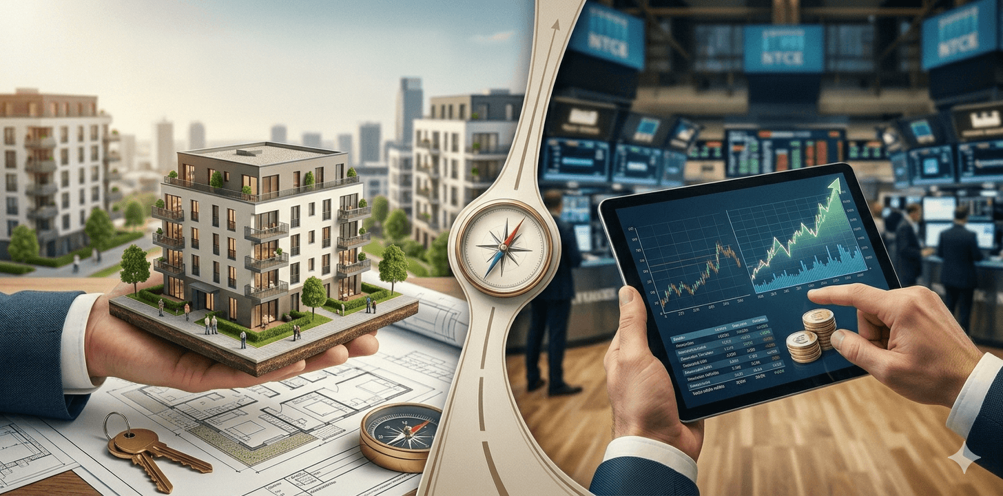 Vergleich von Immobilien vs. Immobilien-Aktien: Eine Hand hält ein Wohnhaus-Modell, die andere ein Tablet mit Aktiencharts und Goldmünzen.