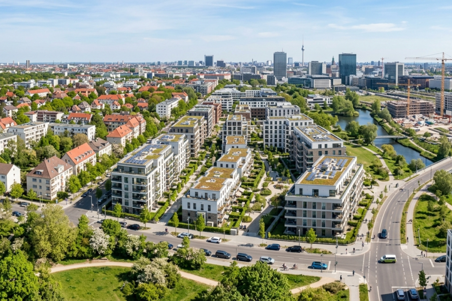 Moderne Wohnanlagen und Stadtviertel in Deutschland – Symbolbild für den Immobilienmarkt 2026 Prognose