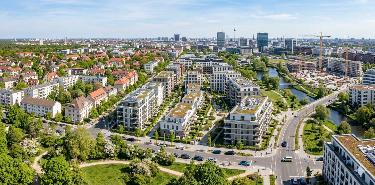 Moderne Wohnanlagen und Stadtviertel in Deutschland – Symbolbild für den Immobilienmarkt 2026 Prognose
