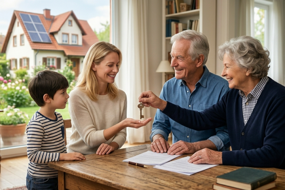 Eine lächelnde Familie sitzt am Wohnzimmertisch und die Großmutter übergibt ihrer Tochter die Schlüssel für eine Immobilie. Dieses Bild symbolisiert die emotionale und vertrauensvolle Entscheidung, ob sie ihre Immobilie verschenken oder vererben sollen, während der Enkelsohn zuschaut.