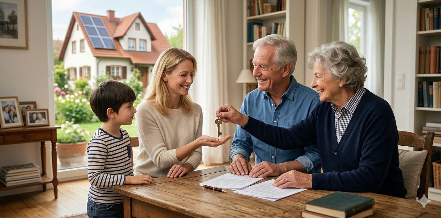 Eine lächelnde Familie sitzt am Wohnzimmertisch und die Großmutter übergibt ihrer Tochter die Schlüssel für eine Immobilie. Dieses Bild symbolisiert die emotionale und vertrauensvolle Entscheidung, ob sie ihre Immobilie verschenken oder vererben sollen, während der Enkelsohn zuschaut.