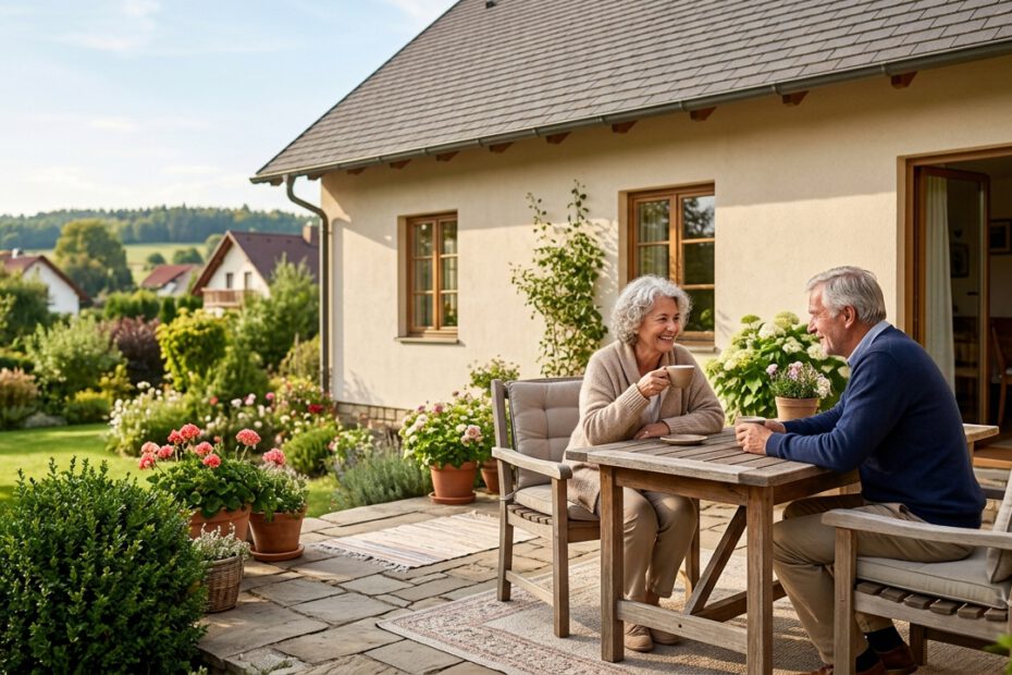 Glückliches Seniorenpaar entspannt auf der Terrasse eines Eigenheims – Symbol für eine Immobilie als Altersvorsorge.