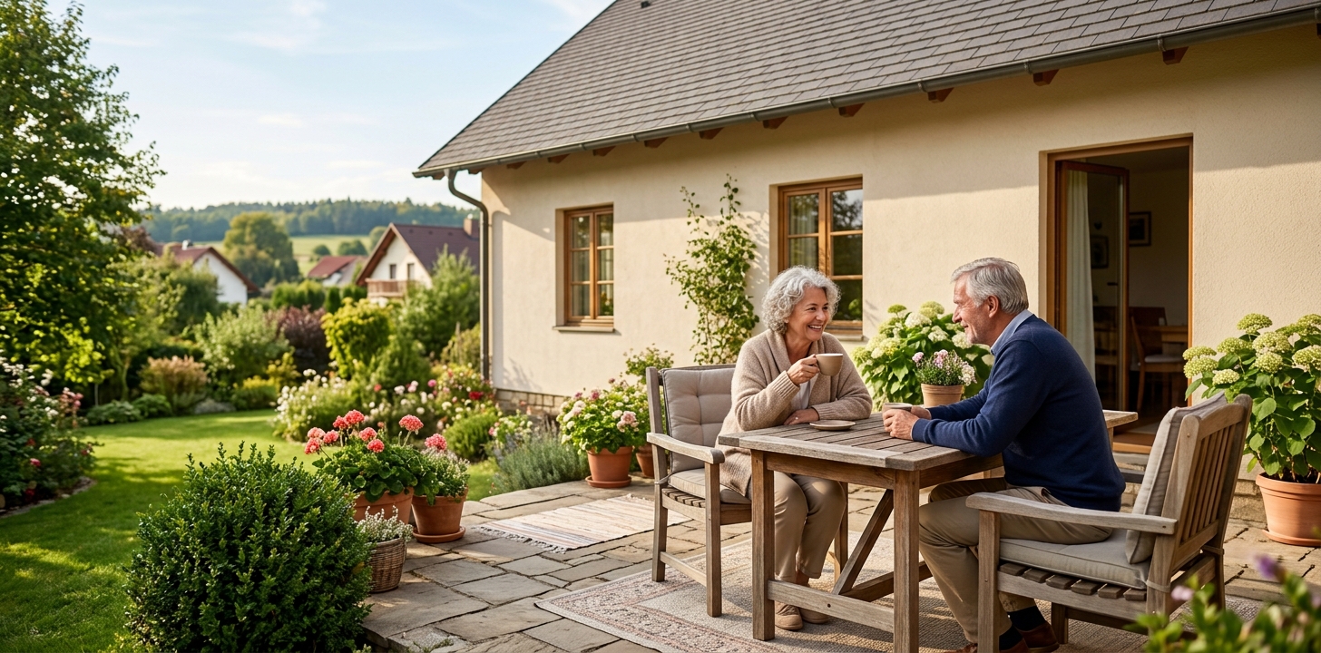 Glückliches Seniorenpaar entspannt auf der Terrasse eines Eigenheims – Symbol für eine Immobilie als Altersvorsorge.